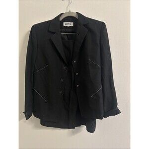 Women’s KASPER 100% Silk black blazer and Skirt suit with white contrast, Size 4
